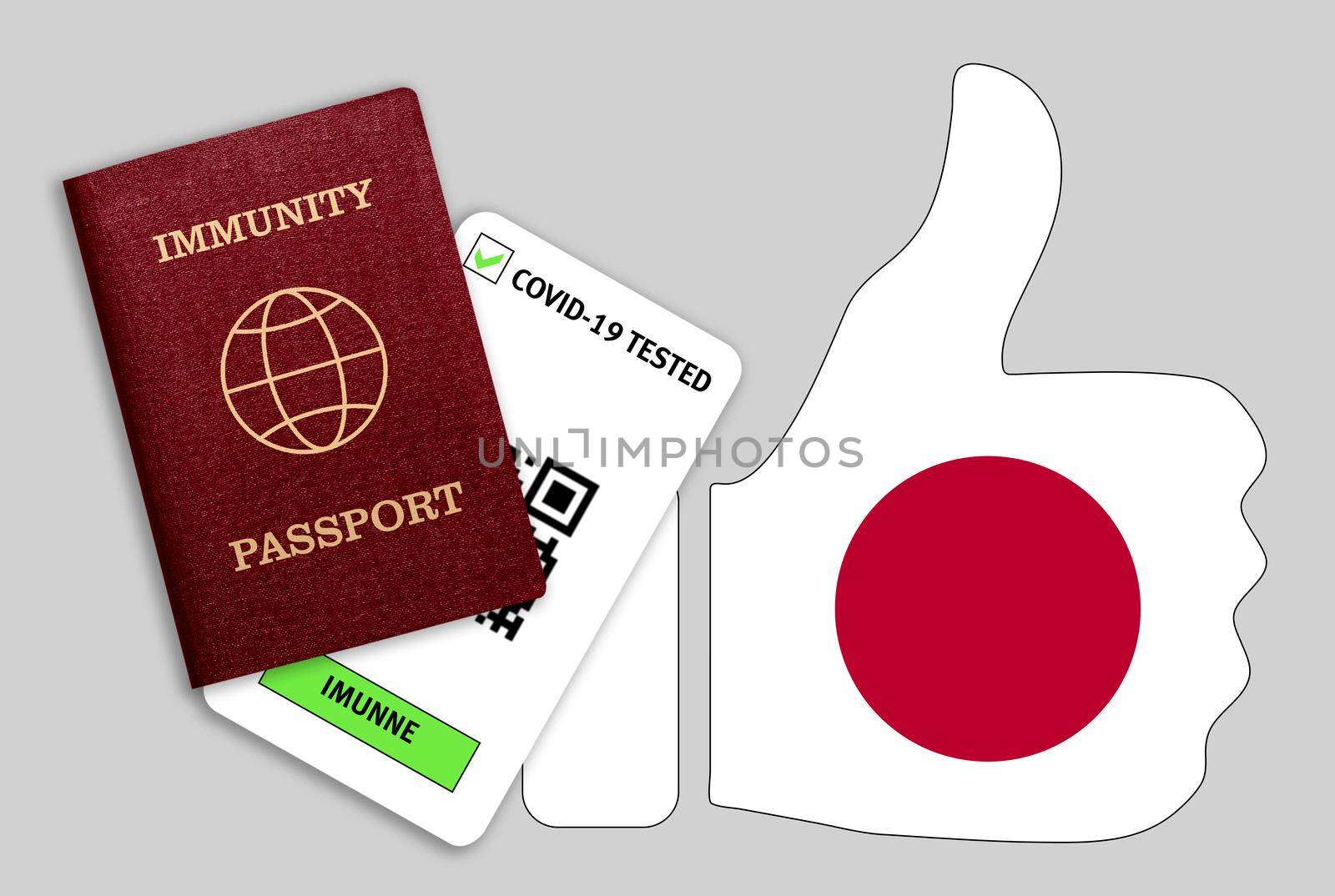 Immune passport and coronavirus test with thumb up with flag of Japan by galinasharapova