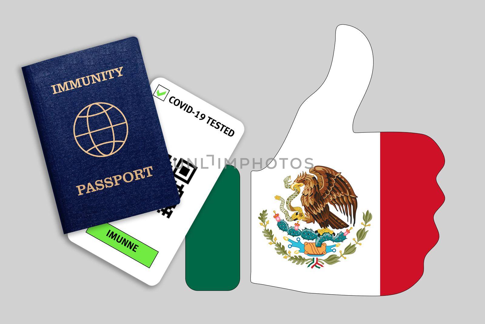 Immune passport and coronavirus test with thumb up with flag of Mexico. Concept of immunity to COVID-19. Certificate for people who have had coronavirus or made vaccine.