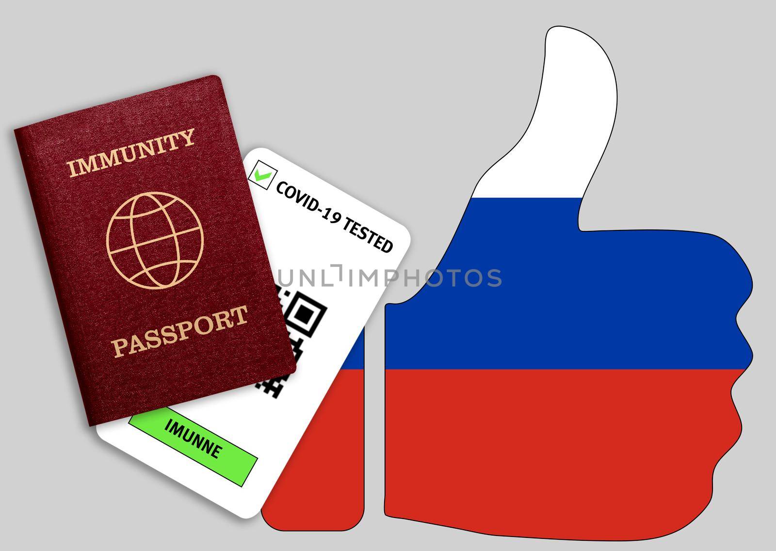 Immune passport and coronavirus test with thumb up with flag of Russia. Concept of immunity to COVID-19. Certificate for people who have had coronavirus or made vaccine.