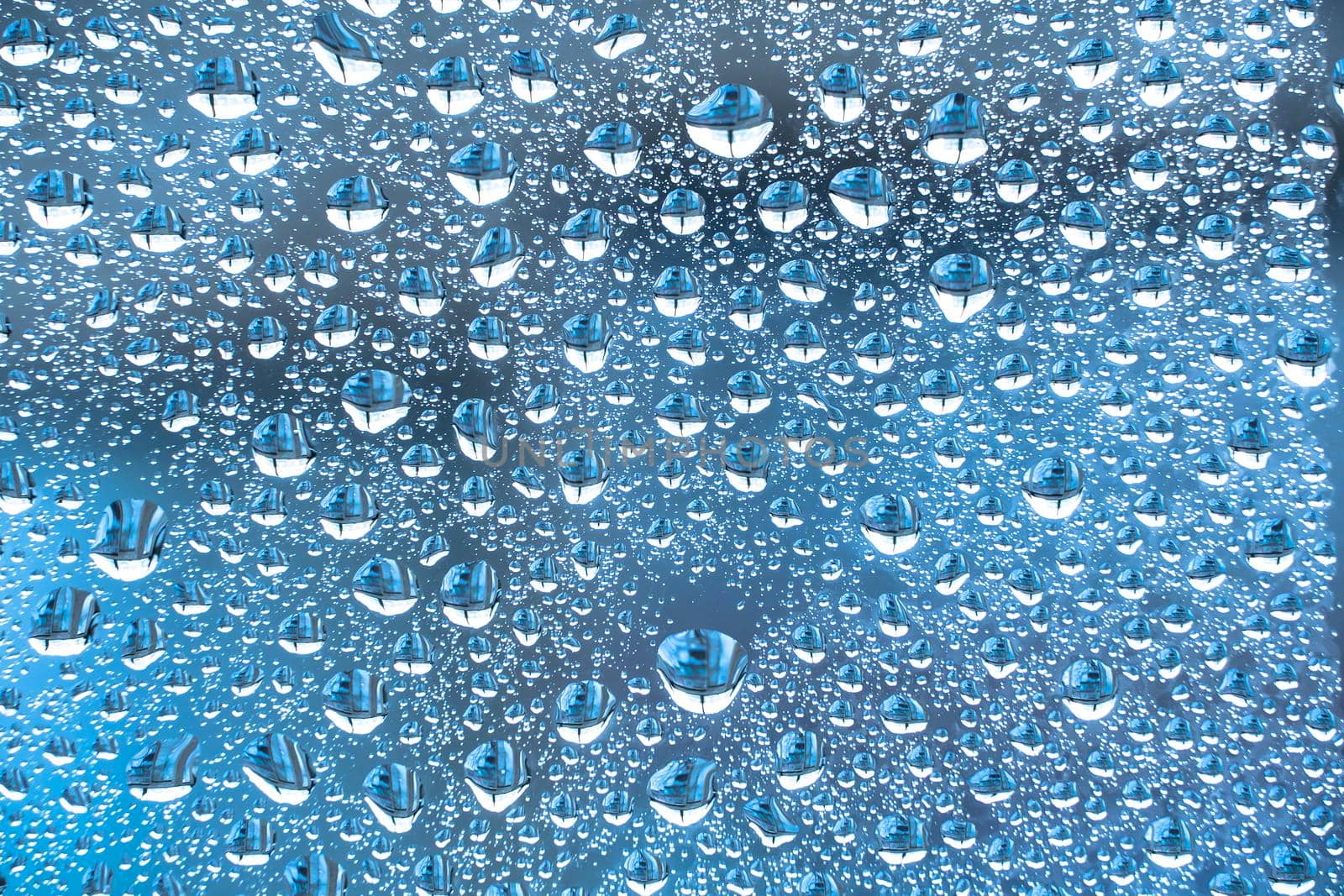 Abstract background ornament with blue water drops.Raindrops are blue in color.Sparkling shiny water surface on the glass.Water drops in the form of balls or spheres.Colored raindrops backdrop