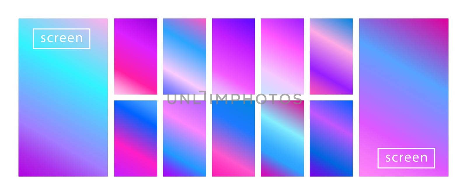Collection of colorful backgrounds in trendy neon colors. Modern screen vector design for mobile app. Soft color abstract gradients. Swatches for design. Big set of pastel holographic gradients