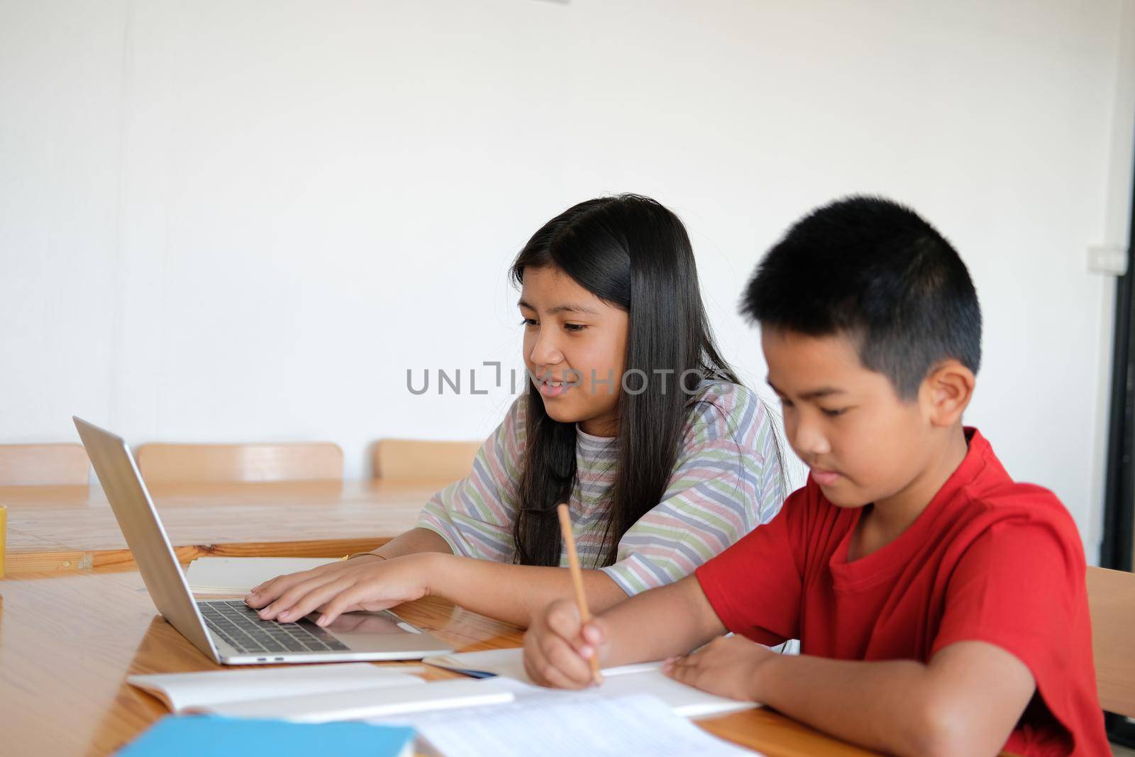 asian boy girl student studying learning lesson online. remote meeting distance education at home