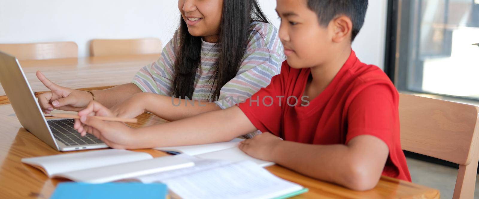 asian boy girl student studying learning lesson online. remote meeting distance education at home