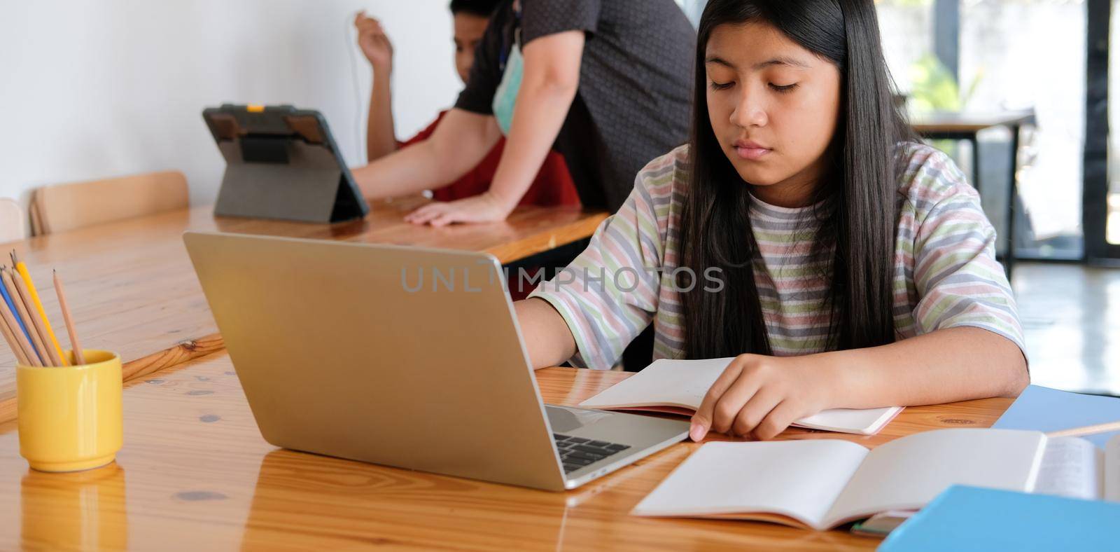 asian boy girl student studying learning lesson online. remote meeting distance education at home