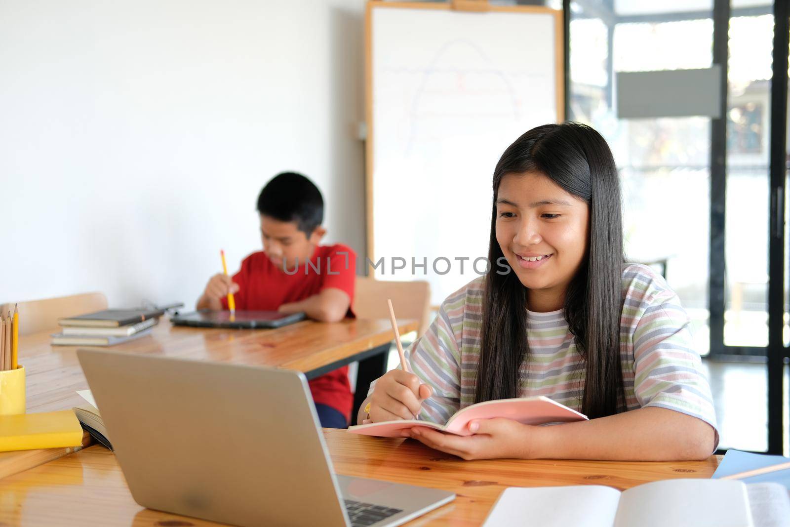 asian boy girl student studying learning lesson online. remote meeting distance education at home