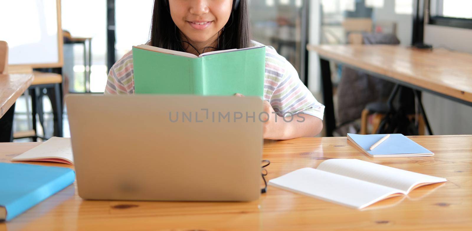 asian girl student studying learning lesson online. remote meeting distance education at home