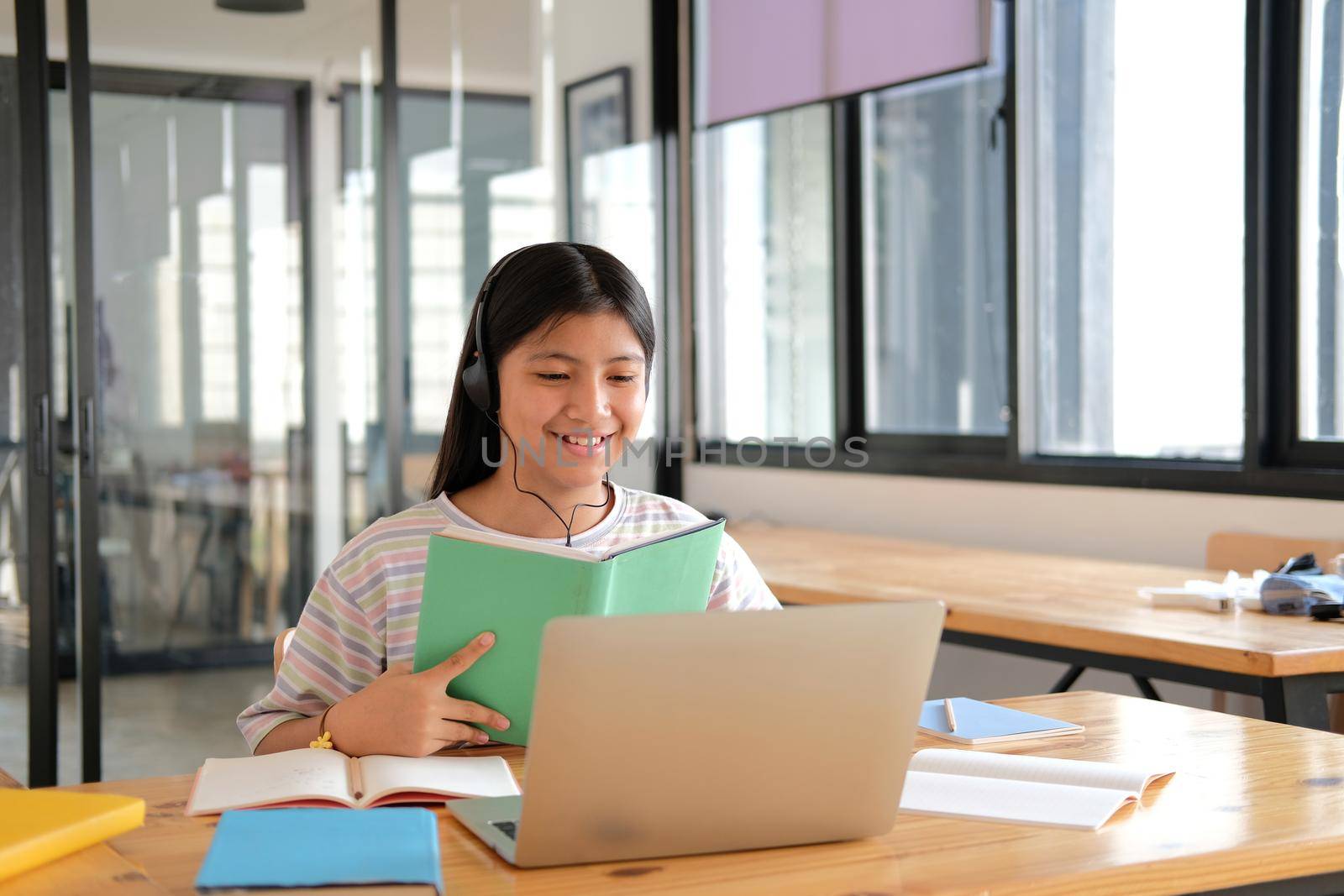 asian girl student studying learning lesson online. remote meeting distance education at home
