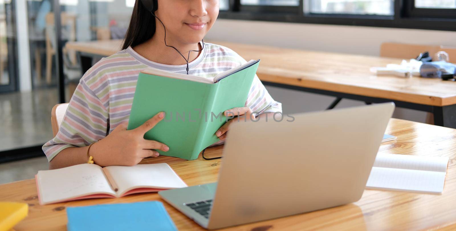 asian girl student studying learning lesson online. remote meeting distance education at home