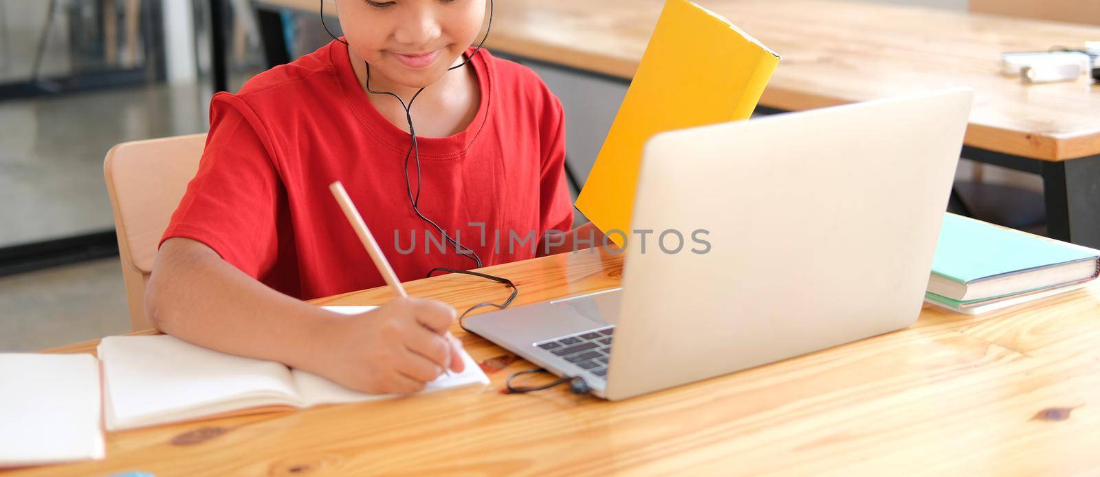 boy student studying learning lesson online. remote meeting distance education at home by pp99