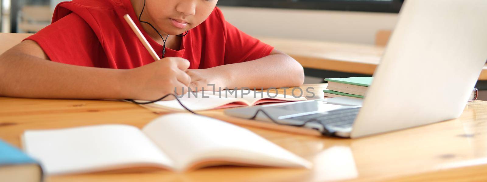 boy student studying learning lesson online. remote meeting distance education at home by pp99