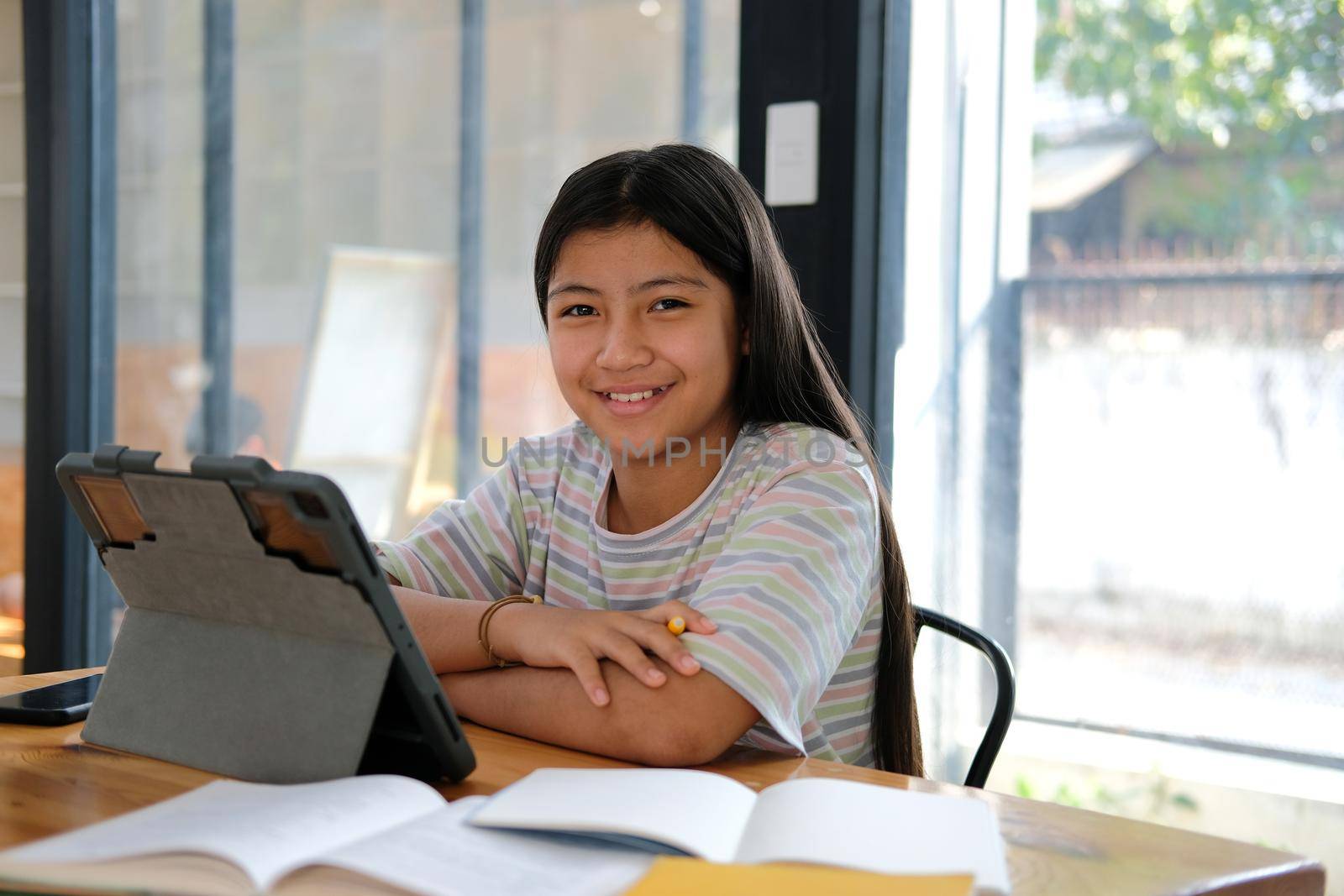 asian girl student studying learning lesson online. remote meeting distance education at home