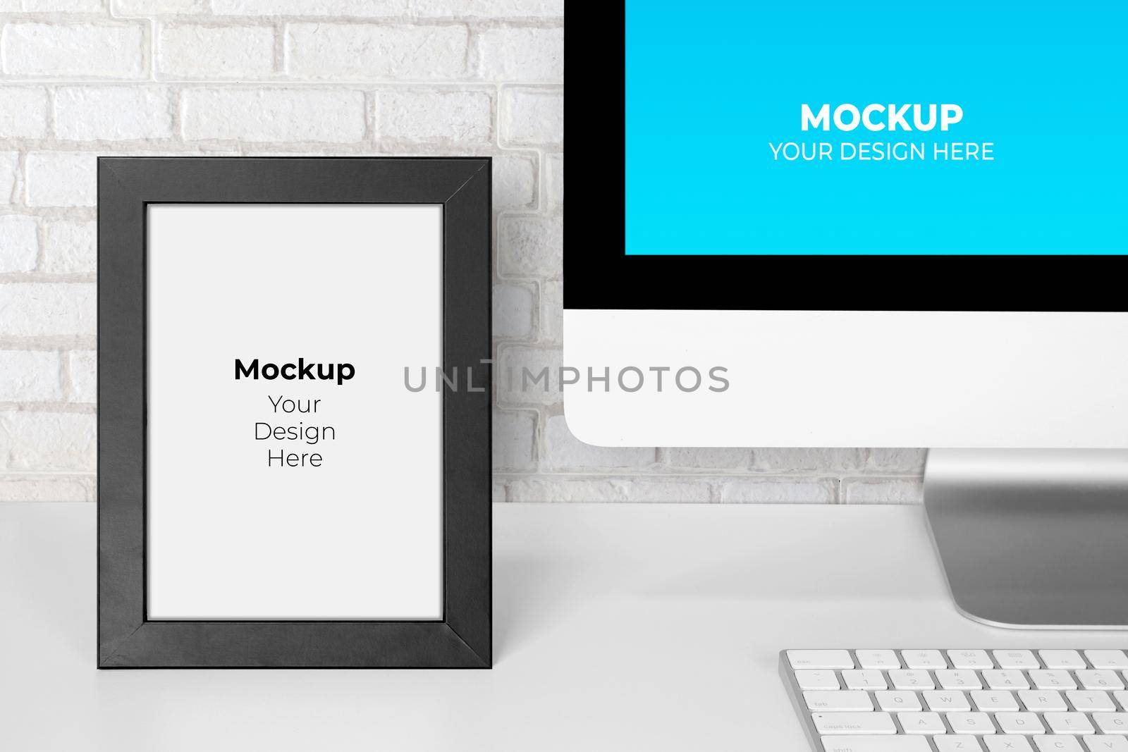Mockup template monitor of computer display screen and picture frame with blank on desk, workplace and office, interior room, indoor, copy space, business and workspace concept.