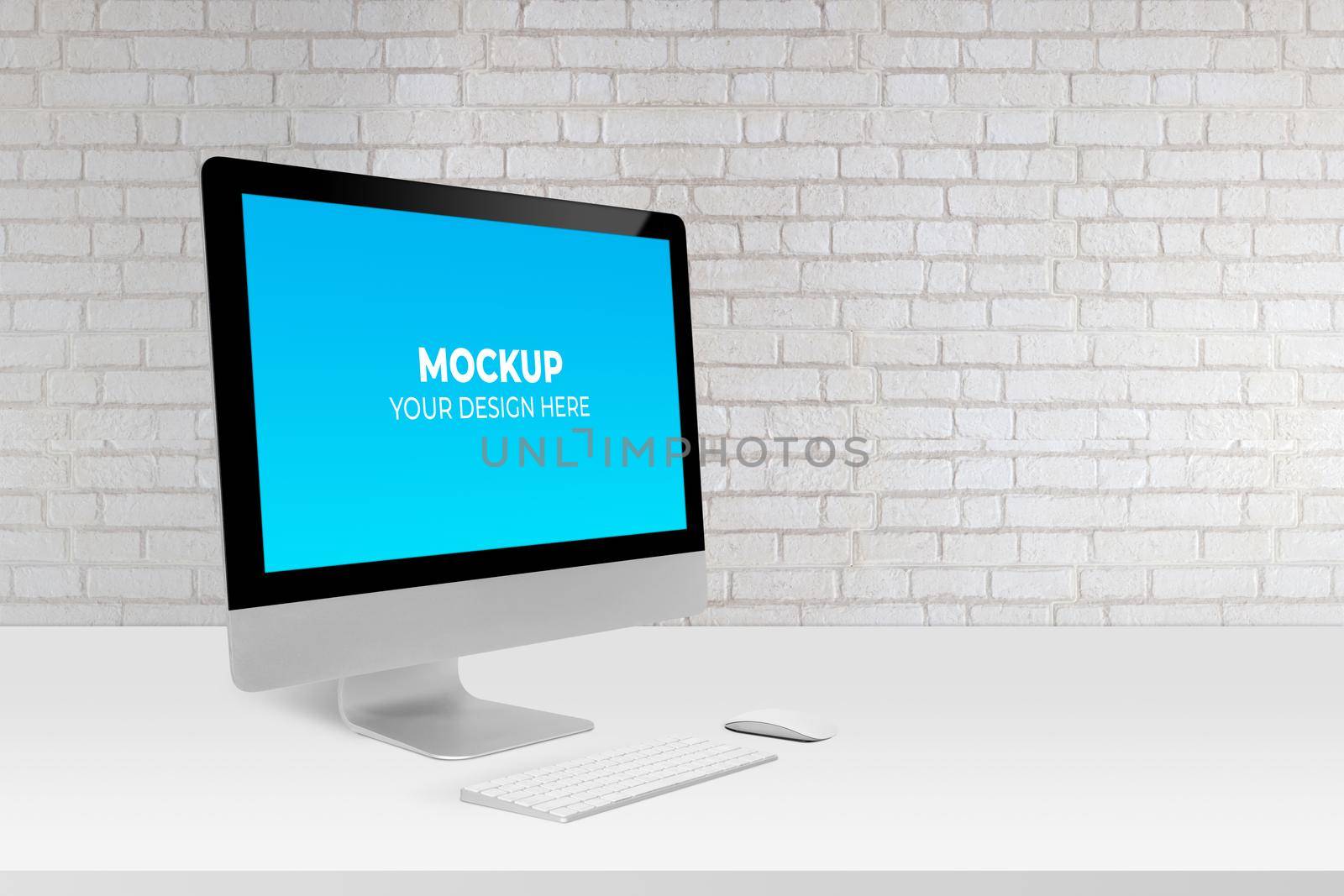 Mockup display screen blank computer on desk with white wall, office and workspace, monitor with empty, office and workplace in room, copy space, modern and minimalist, indoor, creativity and decor. by nnudoo