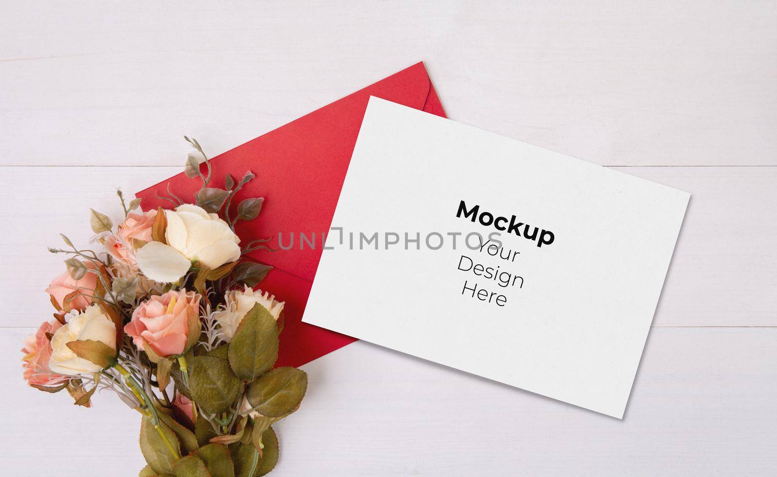 Valentine day, greeting card mockup and letter and flower on wooden table, postcard blank and with romance on desk, present in anniversary and celebration, top view, holiday concept. by nnudoo