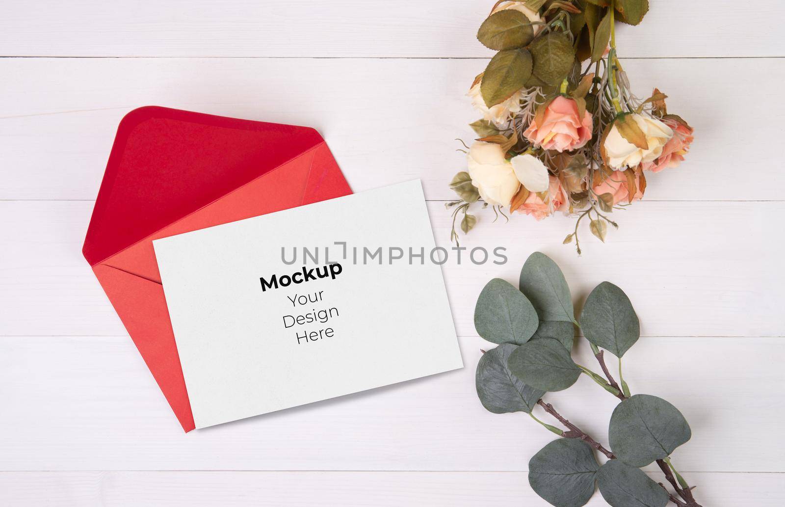 Valentine day, greeting card mockup size a5 and letter and flower on wooden table, postcard blank and letter with romance on desk, present in anniversary and celebration, top view, holiday concept.