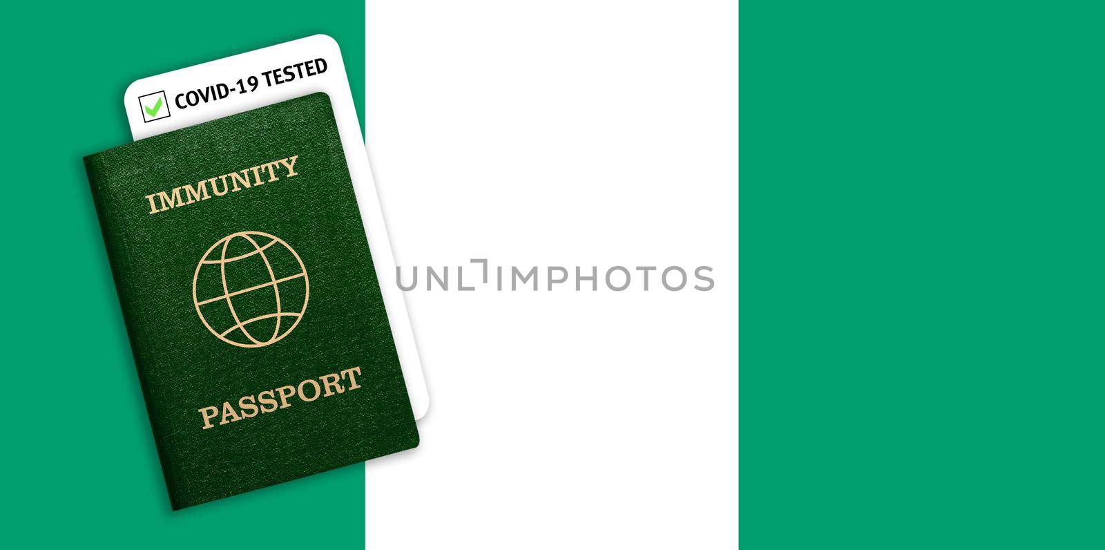 Concept of Immunity passport, certificate for traveling for people who had coronavirus or made vaccine and test result for COVID-19 on flag of Nigeria