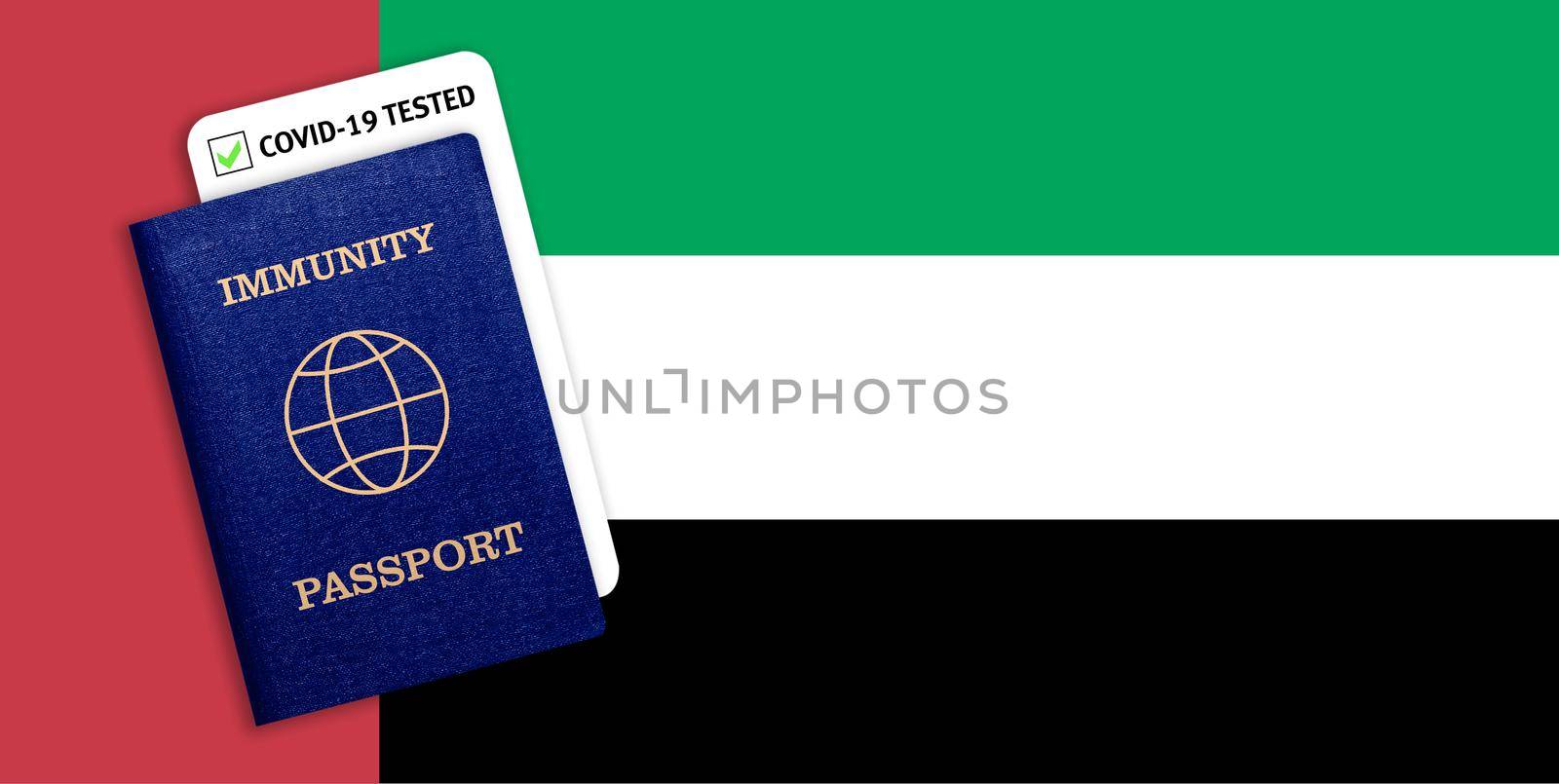 Concept of Immunity passport, certificate for traveling for people who had coronavirus or made vaccine and test result for COVID-19 on flag of United Arab Emirates