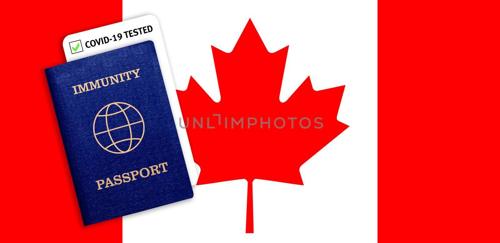 Concept of Immunity passport, certificate for traveling for people who had coronavirus or made vaccine and test result for COVID-19 on flag of Canada
