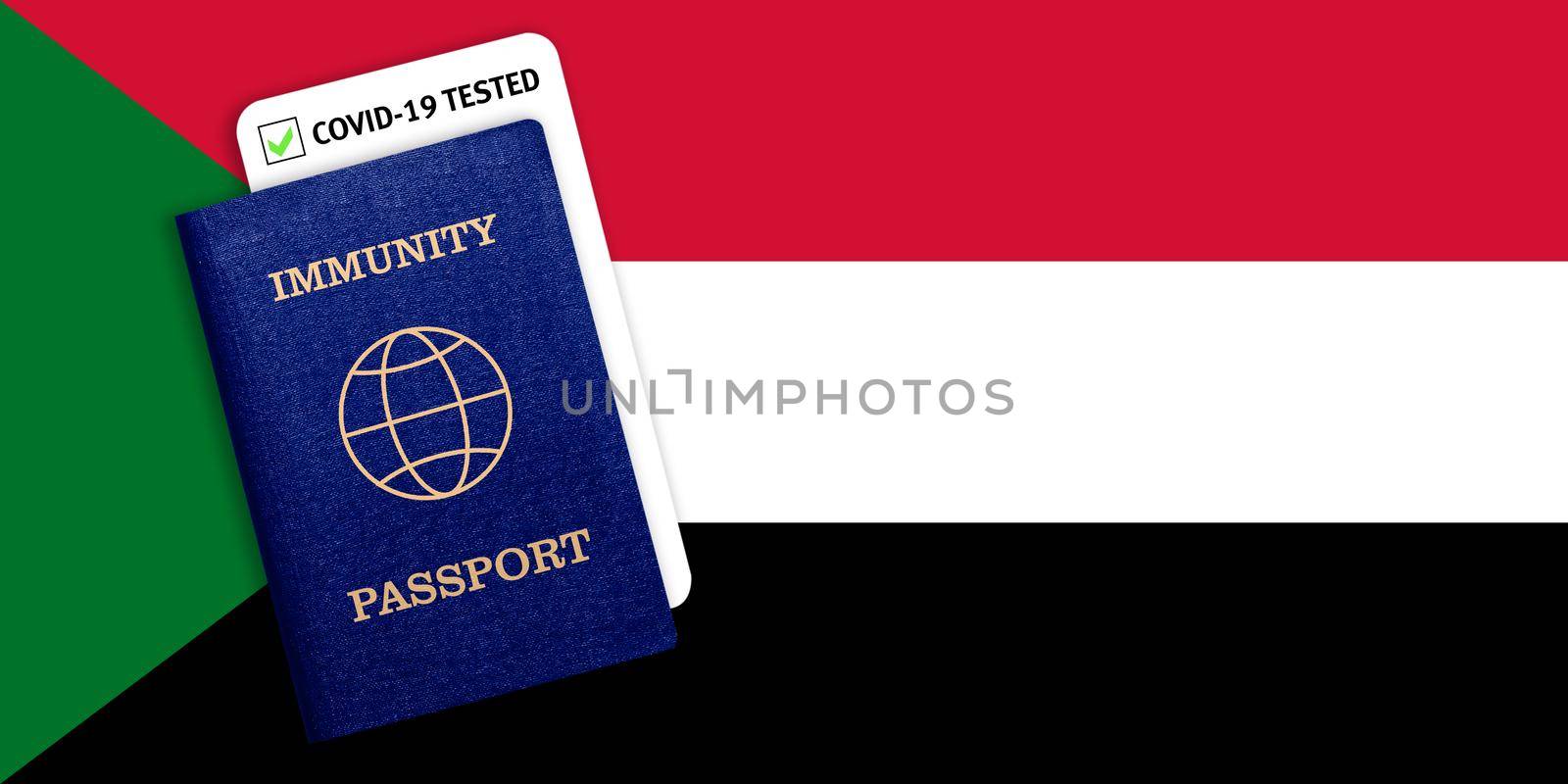 Concept of Immunity passport, certificate for traveling for people who had coronavirus or made vaccine and test result for COVID-19 on flag of Sudan