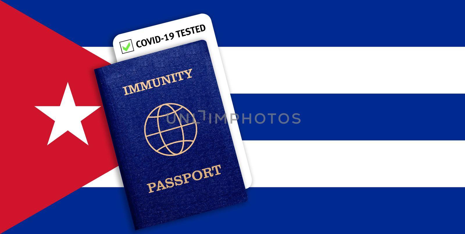 Concept of Immunity passport, certificate for traveling for people who had coronavirus or made vaccine and test result for COVID-19 on flag of Cuba