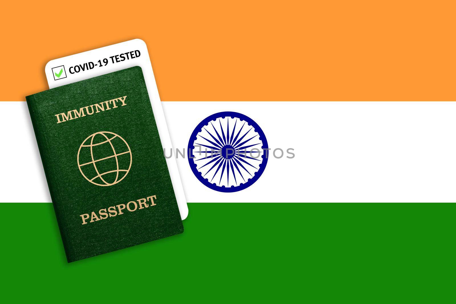 Concept of Immunity passport, certificate for traveling for people who had coronavirus or made vaccine and test result for COVID-19 on flag of India