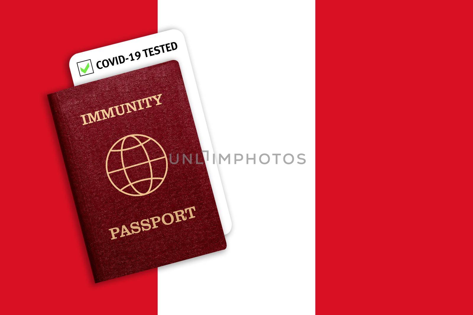 Concept of Immunity passport, certificate for traveling for people who had coronavirus or made vaccine and test result for COVID-19 on flag of Peru