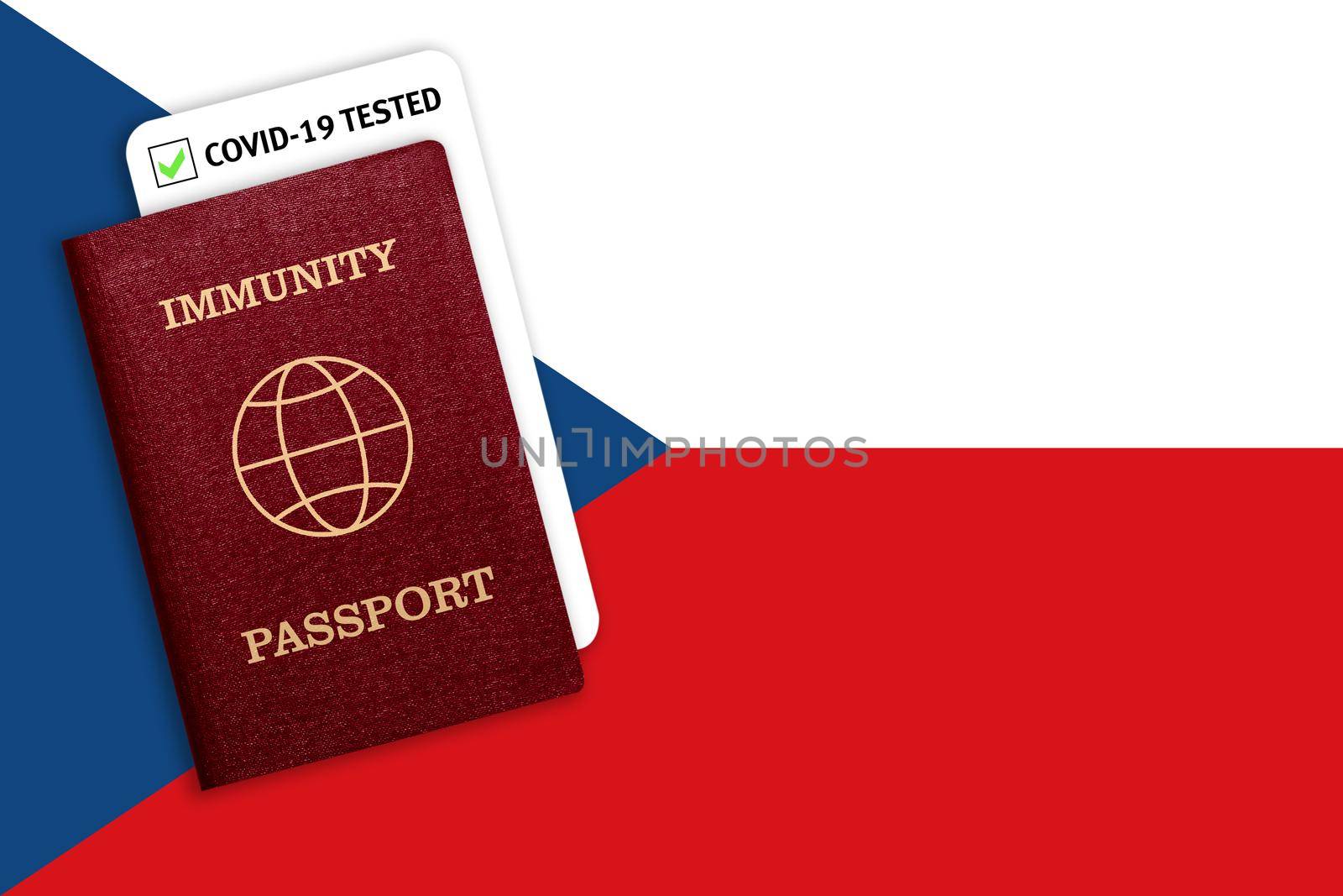 Immunity passport and test result for COVID-19 on flag of Czech by galinasharapova