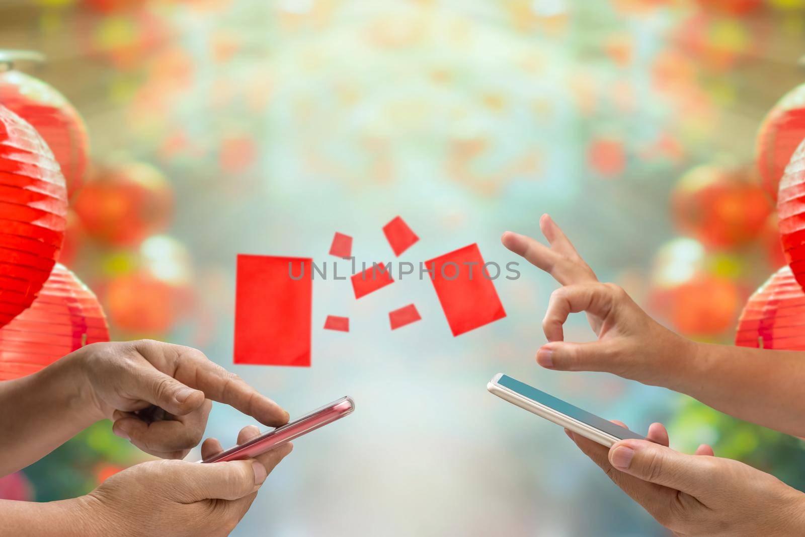 Chinese new year , Digital Hongbao or red envelope  are sending on cellphone.