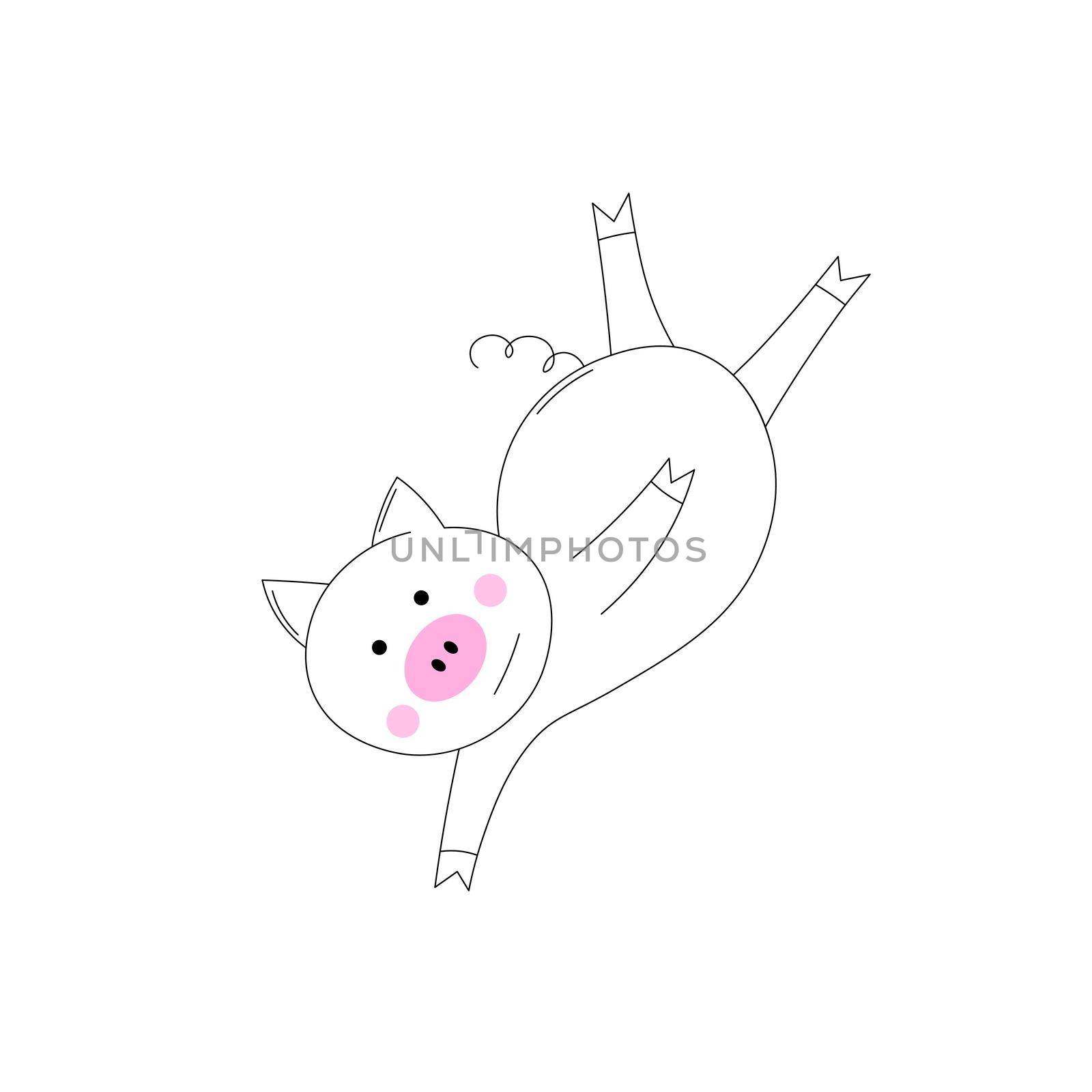 The piglet does exercises, goes in for sports. Coloring Book for kids. Colouring pictures with cute pig. Outline vector animals illustration. Isolated cartoon adorable character.