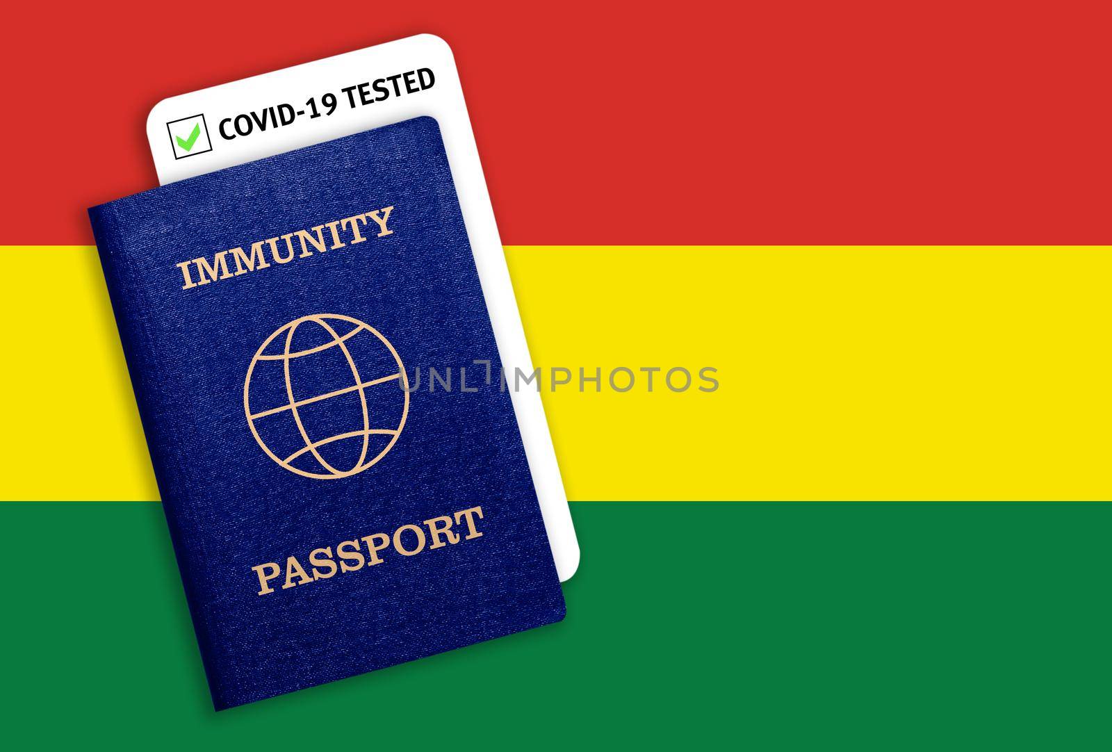 Concept of Immunity passport, certificate for traveling for people who had coronavirus or made vaccine and test result for COVID-19 on flag of Bolivia