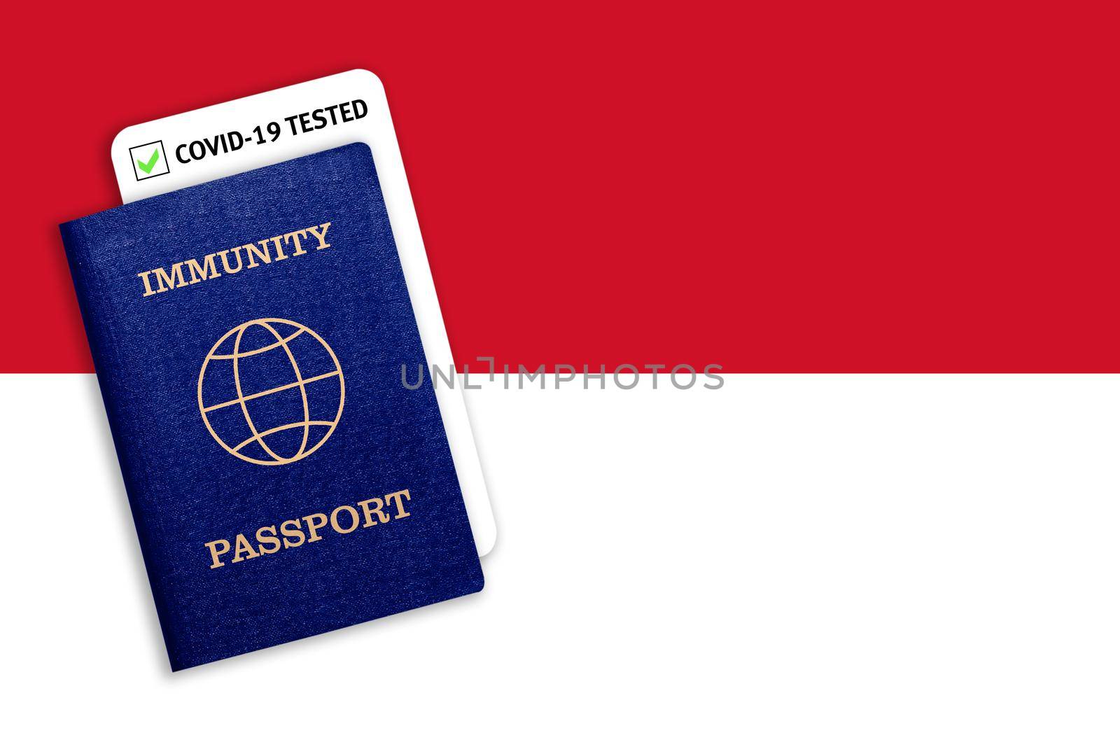 Concept of Immunity passport, certificate for traveling for people who had coronavirus or made vaccine and test result for COVID-19 on flag of Indonesia