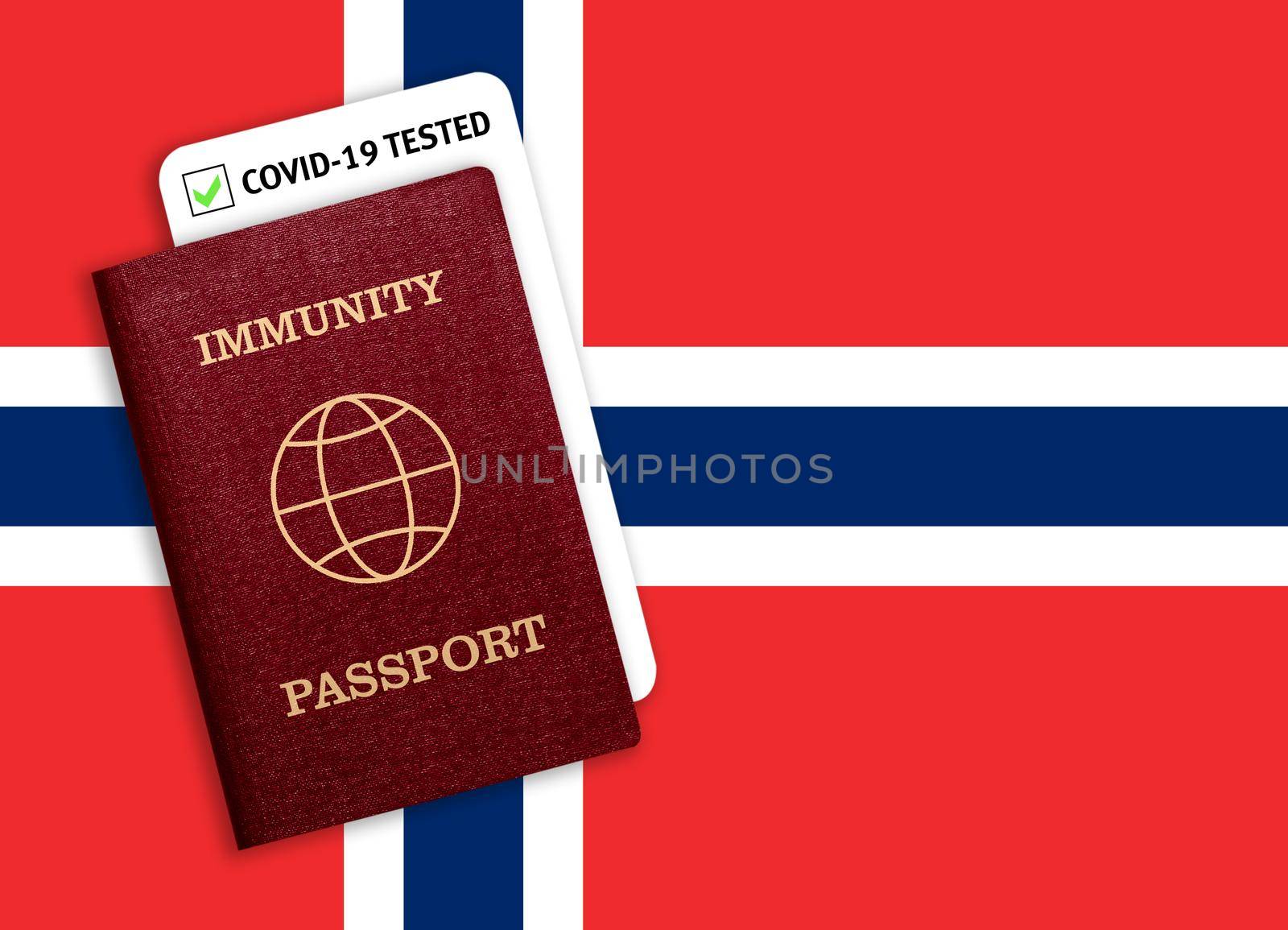 Concept of Immunity passport, certificate for traveling for people who had coronavirus or made vaccine and test result for COVID-19 on flag of Norway