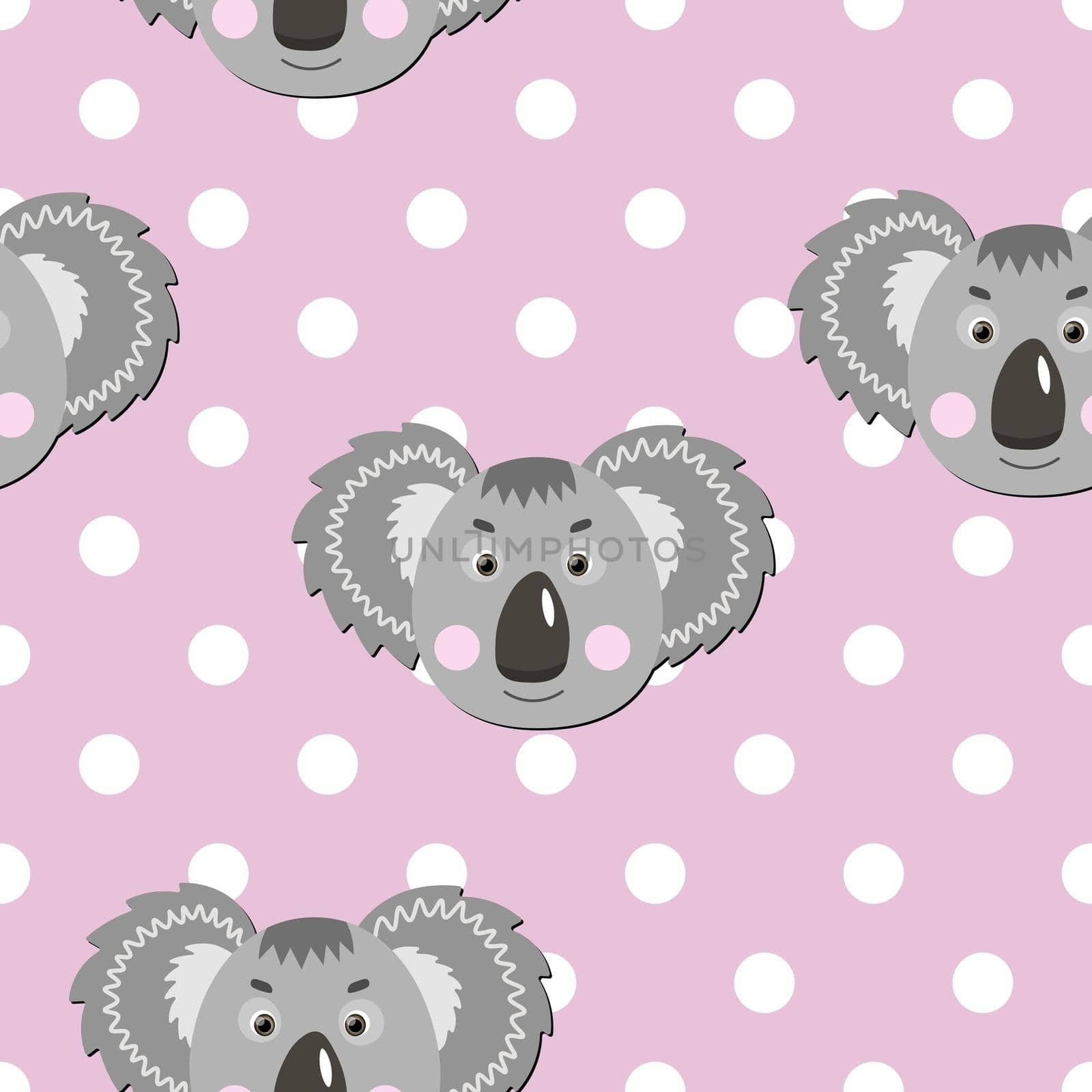 Vector flat animals colorful illustration for kids. Seamless pattern with cute koala face on pink polka dots background. Adorable cartoon character. Design for card, poster, fabric, textile. by allaku