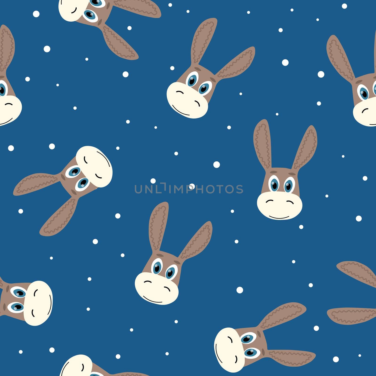 Vector flat animals colorful illustration for kids. Seamless pattern with cute donkey face on blue polka dots background. Cartoon adorable character. Design for textures, card, poster, fabric,textile.