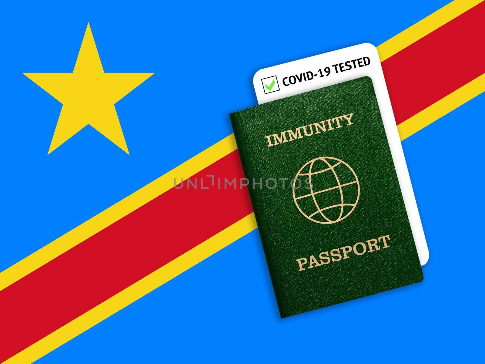 Concept of Immunity passport, certificate for traveling for people who had coronavirus or made vaccine and test result for COVID-19 on flag of Congo
