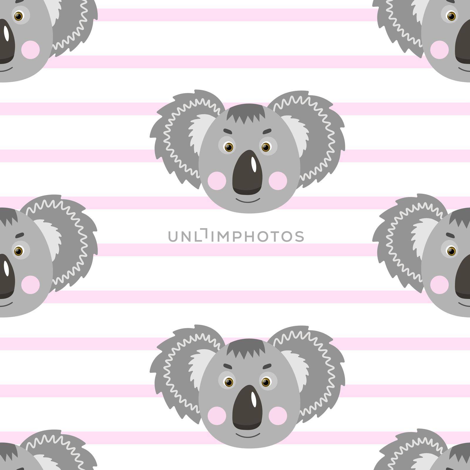 Vector flat animals colorful illustration for kids. Seamless pattern with cute koala face on white striped background. Adorable cartoon character. Design for card, poster, fabric, textile.