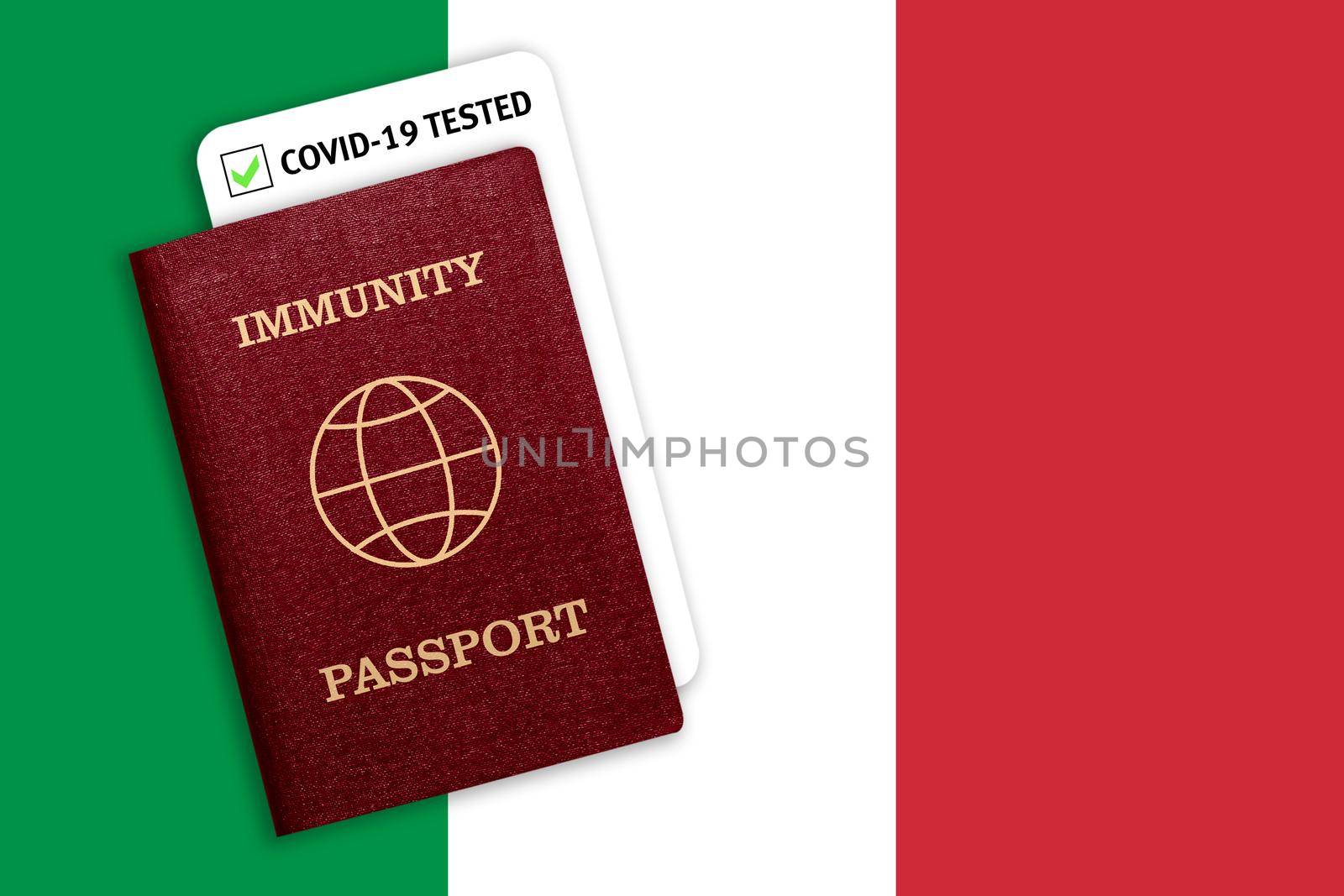 Concept of Immunity passport, certificate for traveling for people who had coronavirus or made vaccine and test result for COVID-19 on flag of Italy