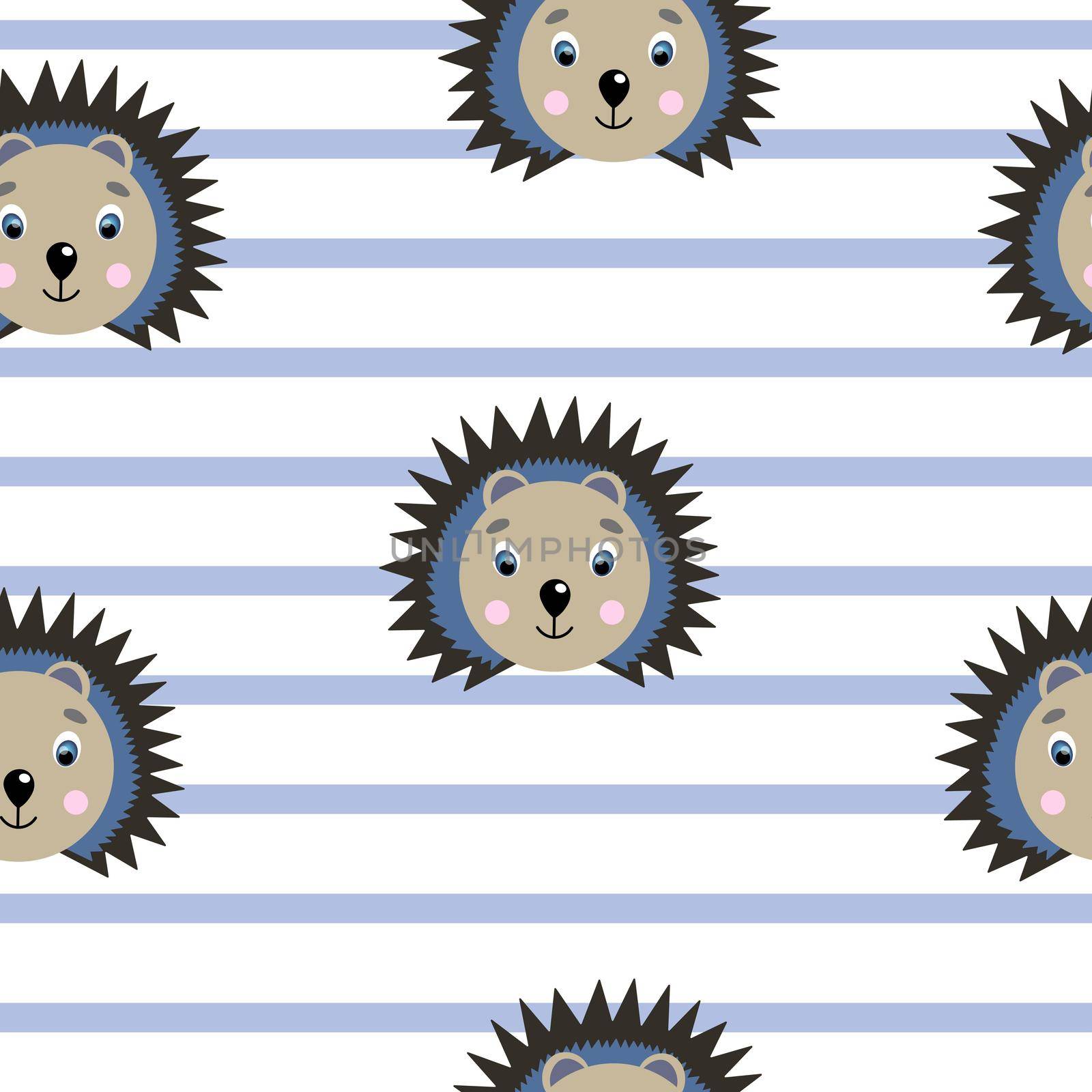 Vector flat animals colorful illustration for kids. Seamless pattern with cute hedgehog face on white striped background. Adorable cartoon character. Design for card, poster, fabric, textile. by allaku