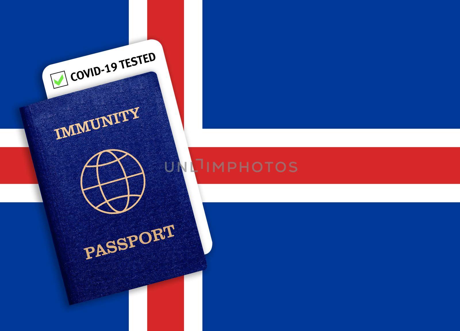 Concept of Immunity passport, certificate for traveling for people who had coronavirus or made vaccine and test result for COVID-19 on flag of Iceland