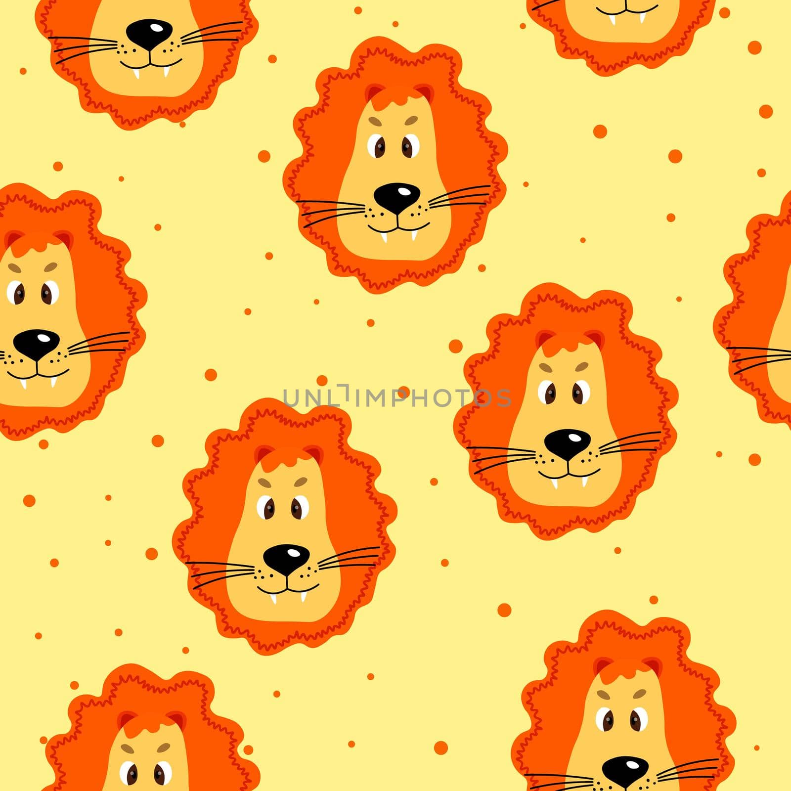 Vector flat animals colorful illustration for kids. Seamless pattern with cute lion face on yellow polka dots background. Adorable cartoon character. Design for textures, card, poster, fabric, textile