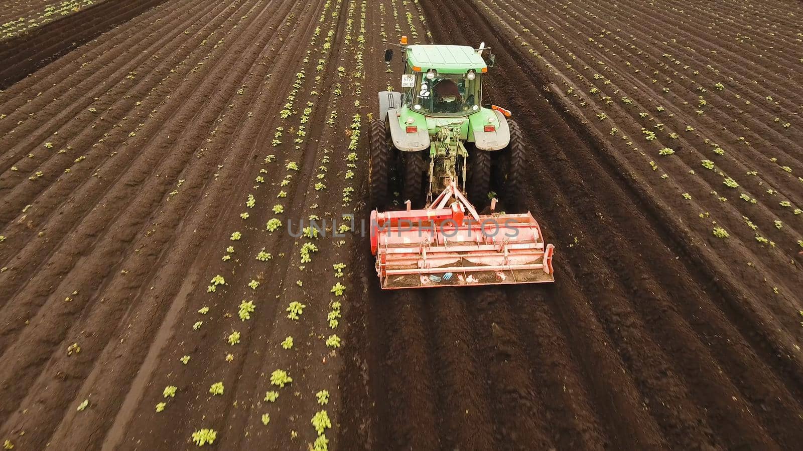 Aerial view Tractor Hilling Potatoes with disc hiller. Farmer in tractor preparing land with seedbed cultivator in farmlands. Tractor plows a field. Agricultural work in processing, cultivation of land. Farmers preparing land and fertilizing. Agricultural workers with tractors.