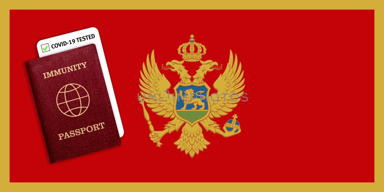 Concept of Immunity passport, certificate for traveling after pandemic for people who have had coronavirus or made vaccine and test result for COVID-19 on flag of Montenegro