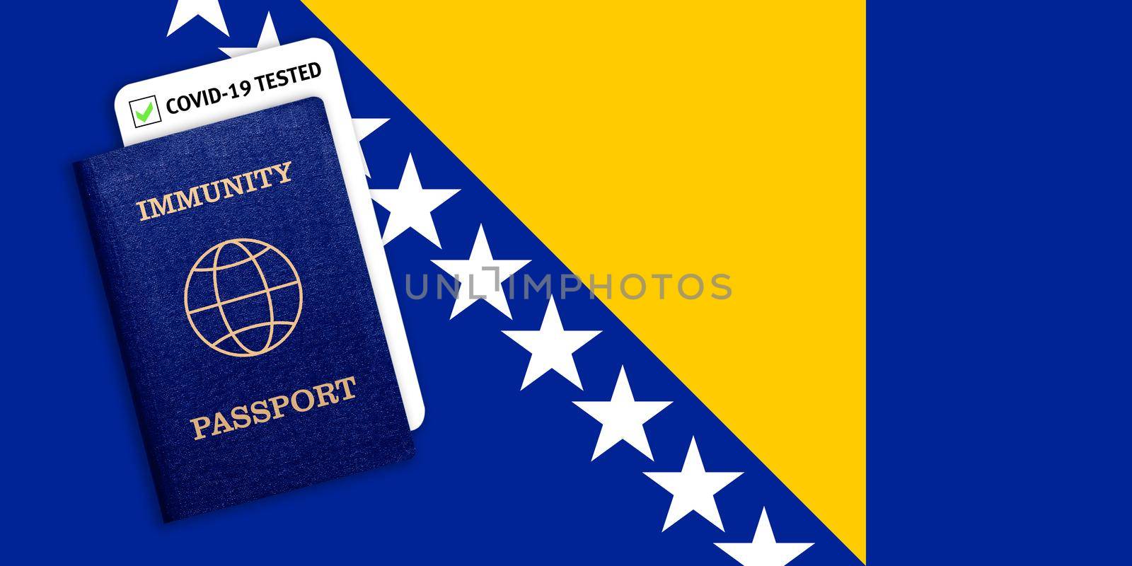 Concept of Immunity passport, certificate for traveling after pandemic for people who have had coronavirus or made vaccine and test result for COVID-19 on flag of Bosnia and Herzegovina