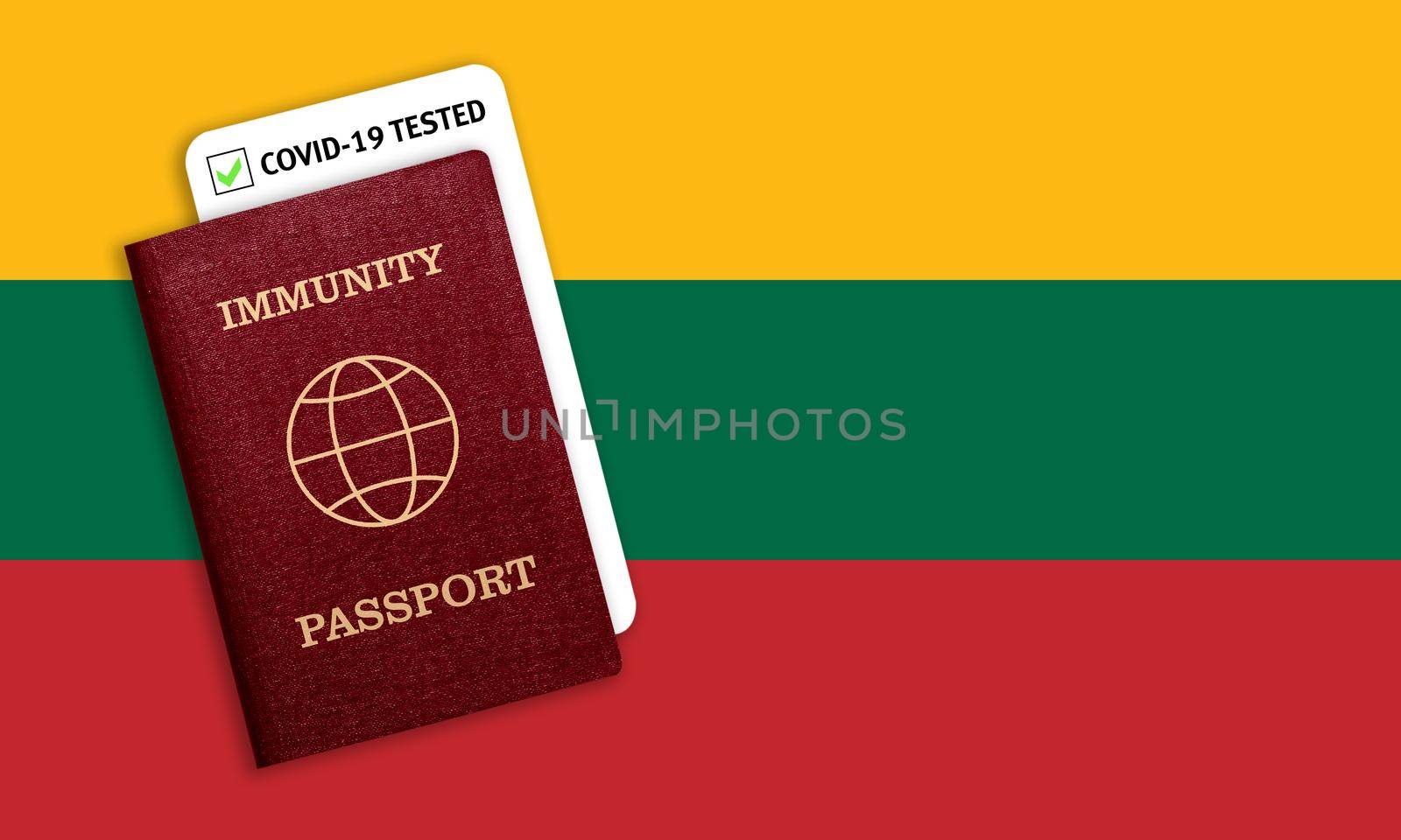 Immunity passport and coronavirus test with flag of Lithuania by galinasharapova