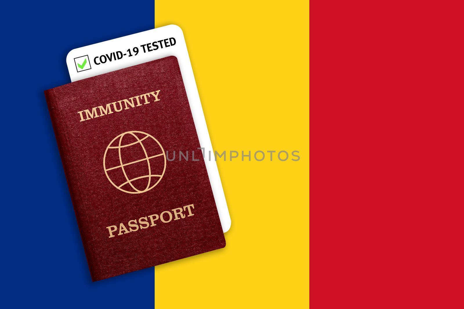 Immunity passport and coronavirus with flag of Romania by galinasharapova