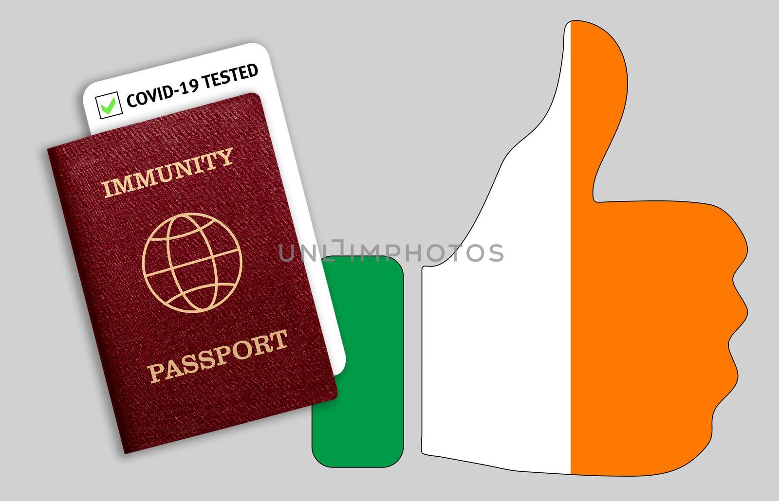 Immunity passport and coronavirus test with thumb up with flag of Ireland by galinasharapova