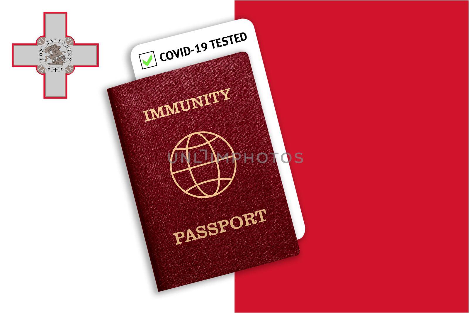 Concept of Immunity passport, certificate for traveling after pandemic for people who have had coronavirus or made vaccine and test result for COVID-19 on flag of Malta