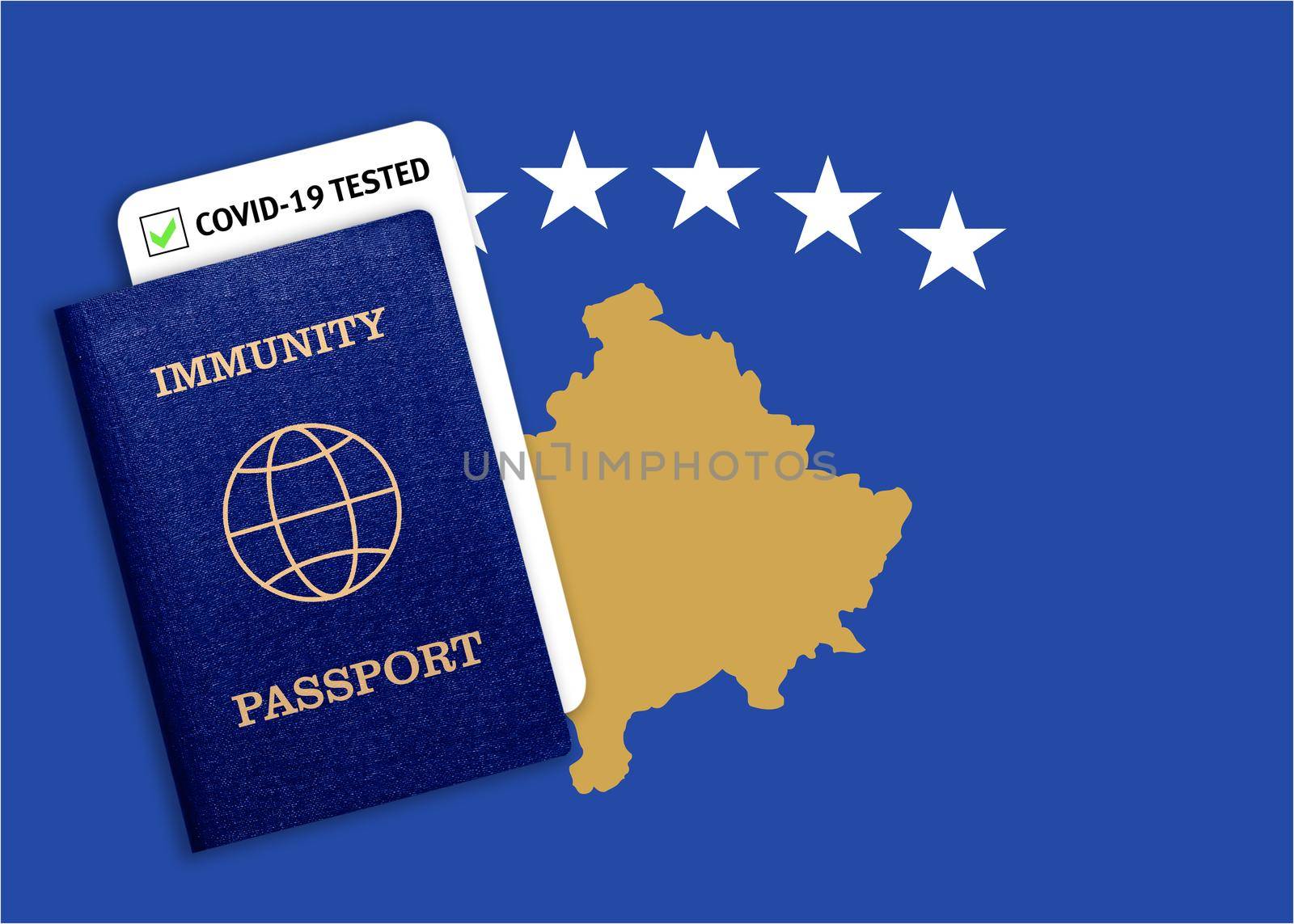 Concept of Immunity passport, certificate for traveling after pandemic for people who have had coronavirus or made vaccine and test result for COVID-19 on flag of Kosovo