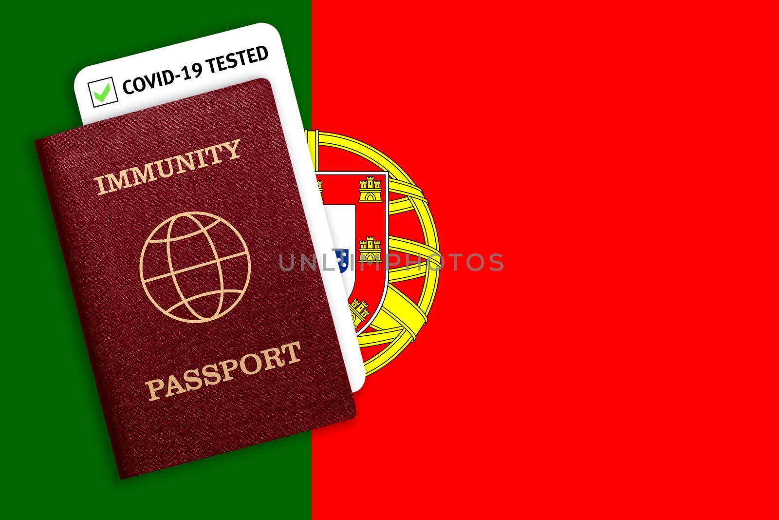 Concept of Immunity passport, certificate for traveling after pandemic for people who have had coronavirus or made vaccine and test result for COVID-19 on flag of Portugal