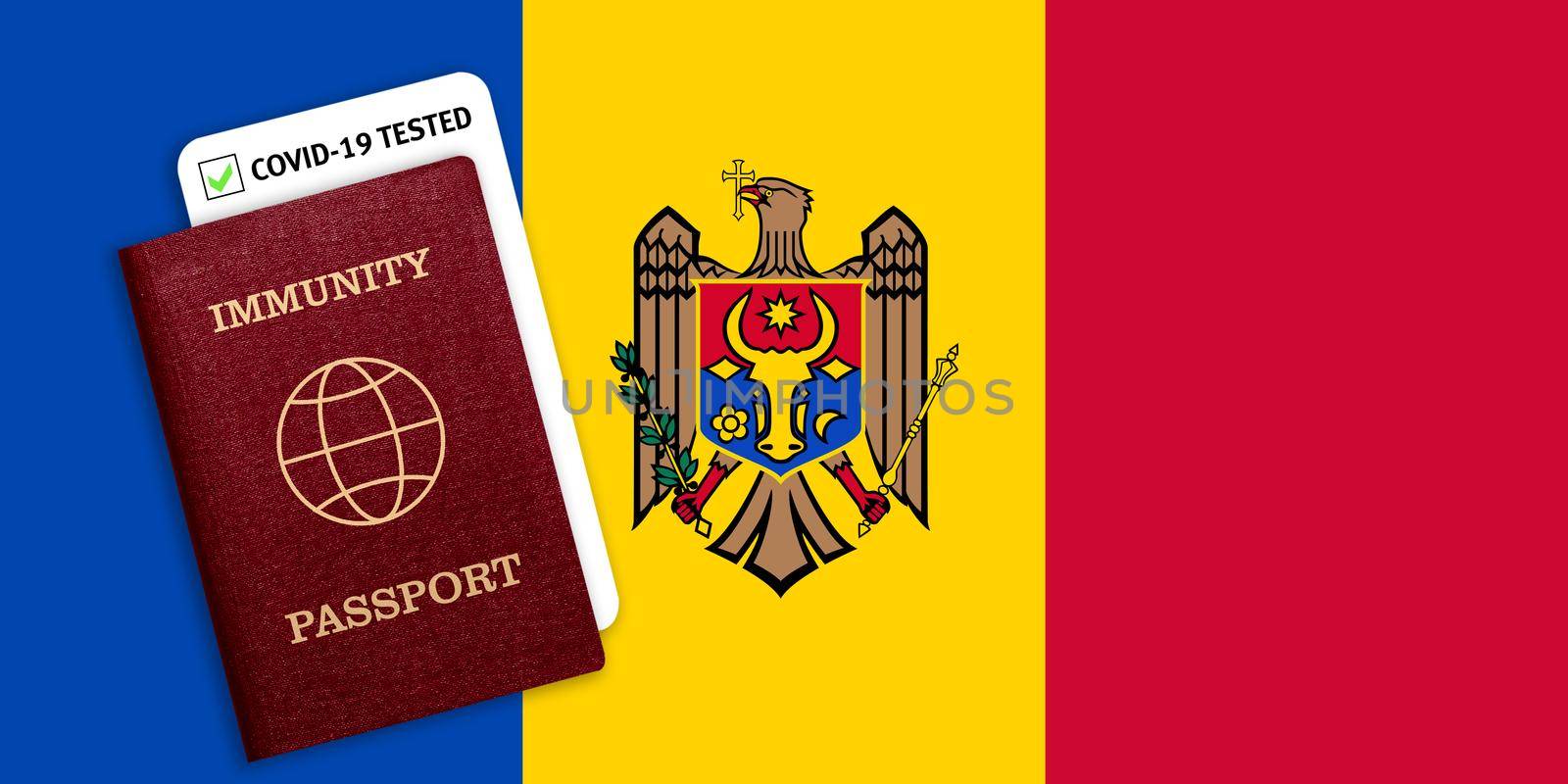Concept of Immunity passport, certificate for traveling after pandemic for people who have had coronavirus or made vaccine and test result for COVID-19 on flag of Moldova